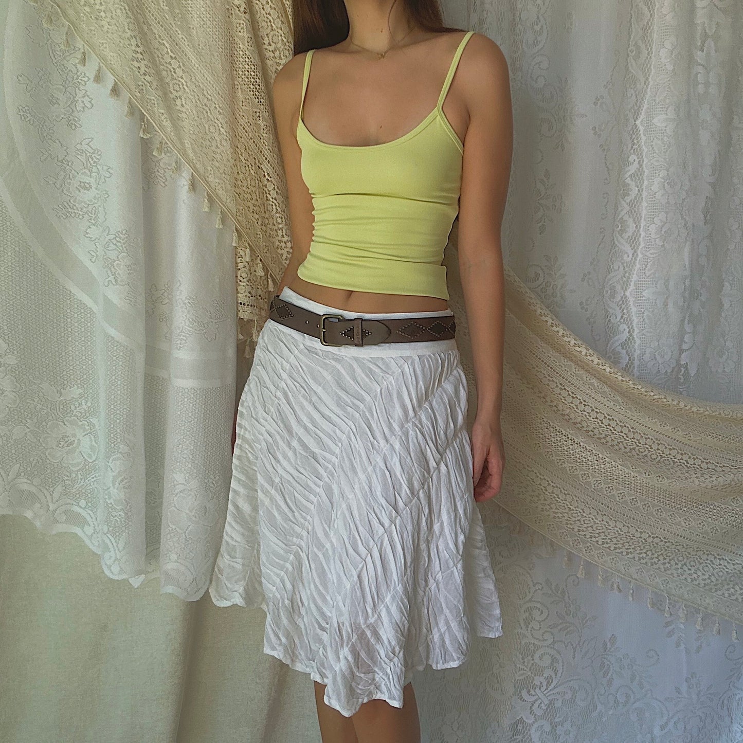 Y2K White Cotton Pleated Midi Skirt / SZ S