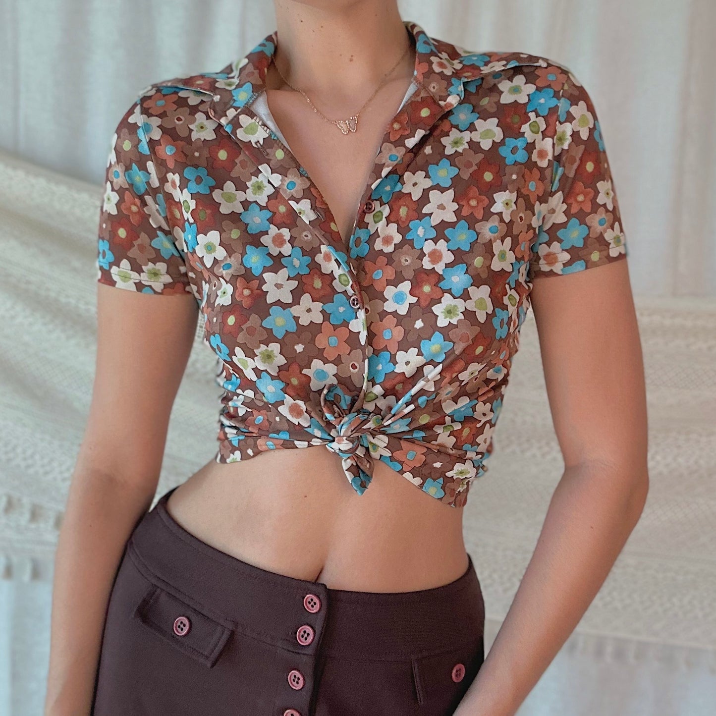 Y2K does 70's Brown Floral Blouse / SZ M