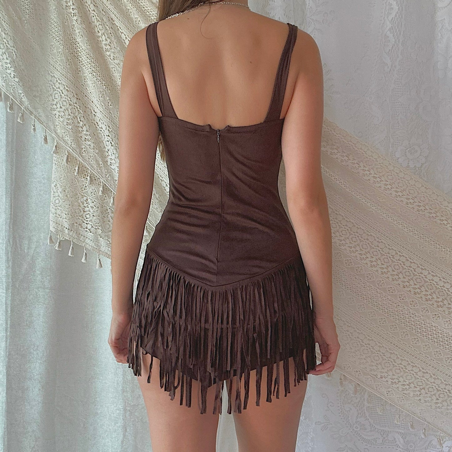 Y2K Brown Fringe Beaded Mini Dress / SZ S
