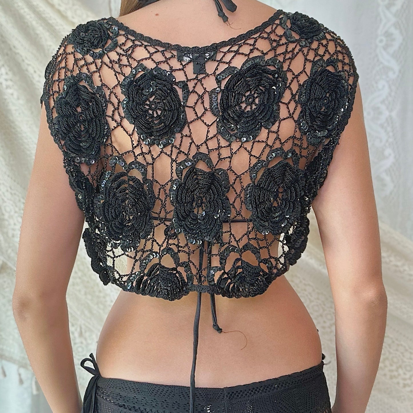 Y2K Bebe Black Crochet Beaded Shrug / SZ S