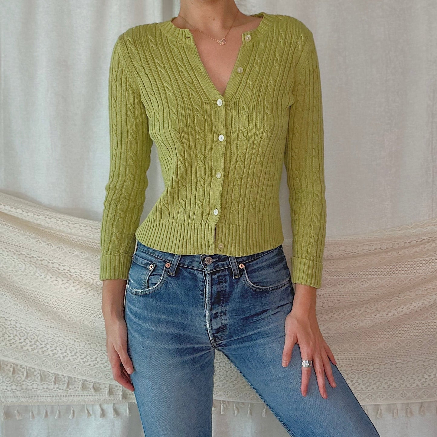 Y2K Green Cable Knit Cardigan / SZ S