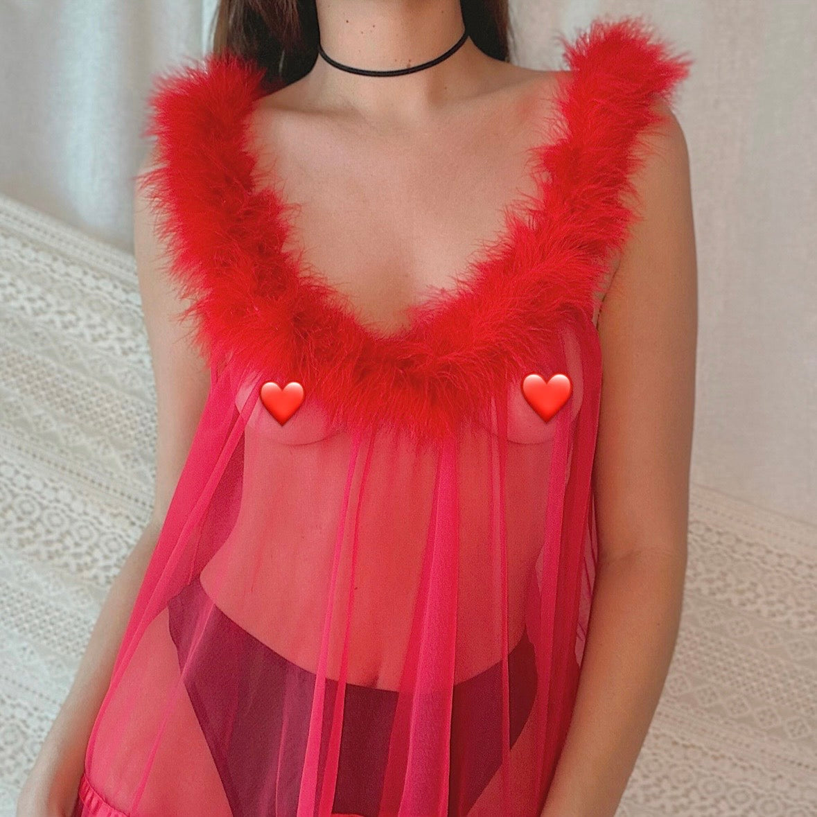 80's Red Marabou Fur Nighty / SZ M