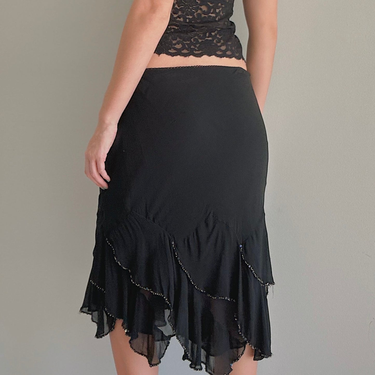 Y2K Black Rayon Sequin Ruffle Midi Skirt / SZ L
