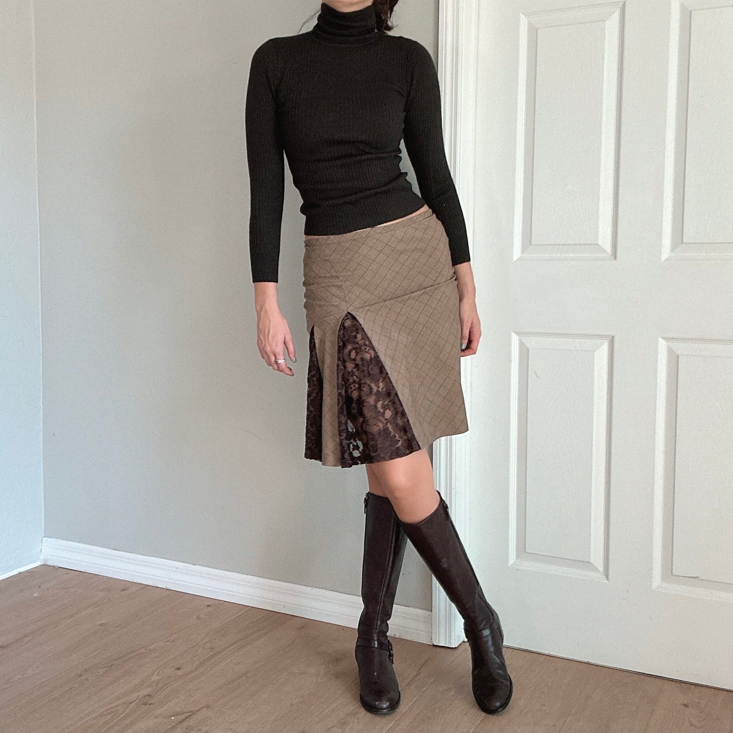 Y2K Bebe Brown Plaid Lace Midi Skirt / SZ XS