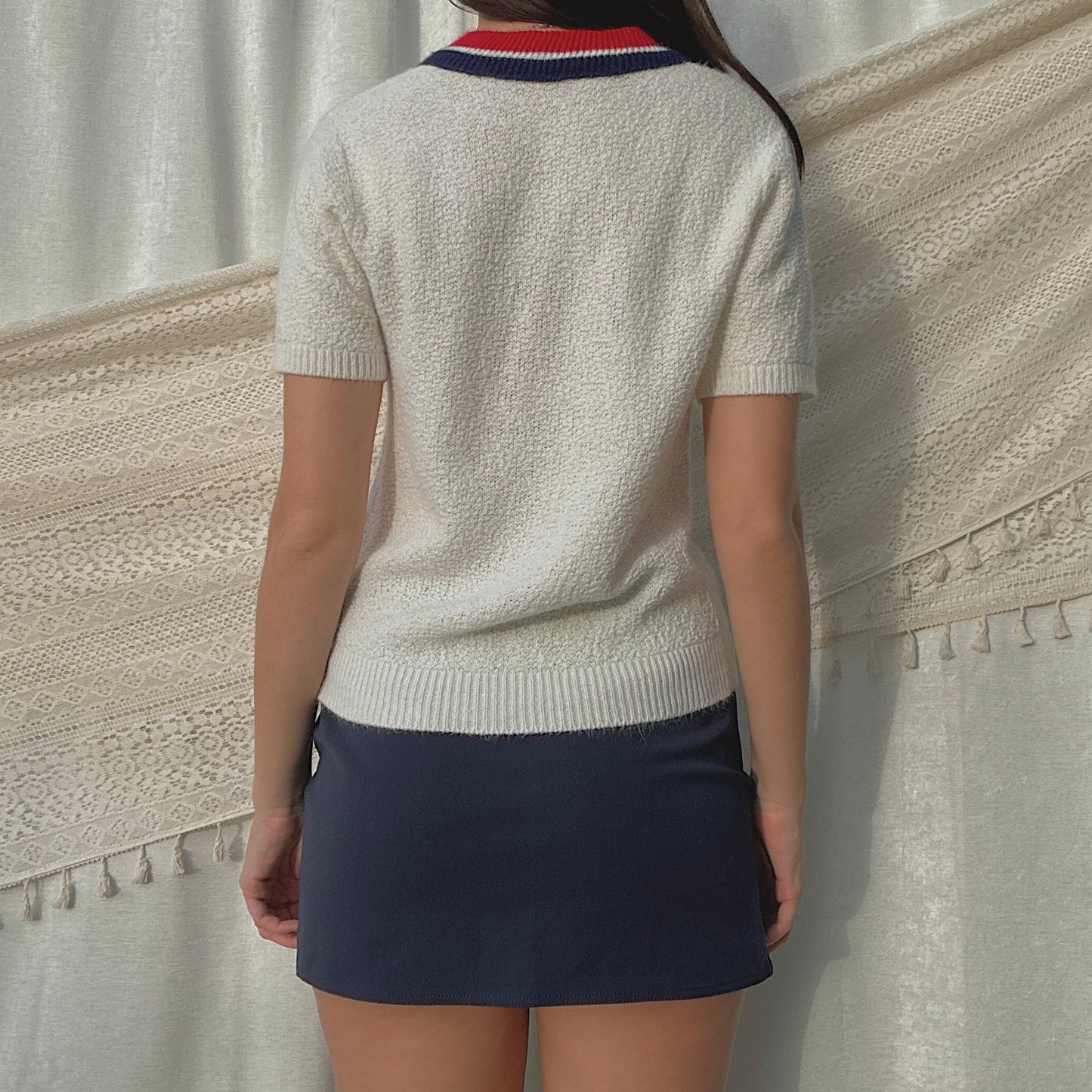 70's Ivory Red & Blue Knit Sweater / SZ M