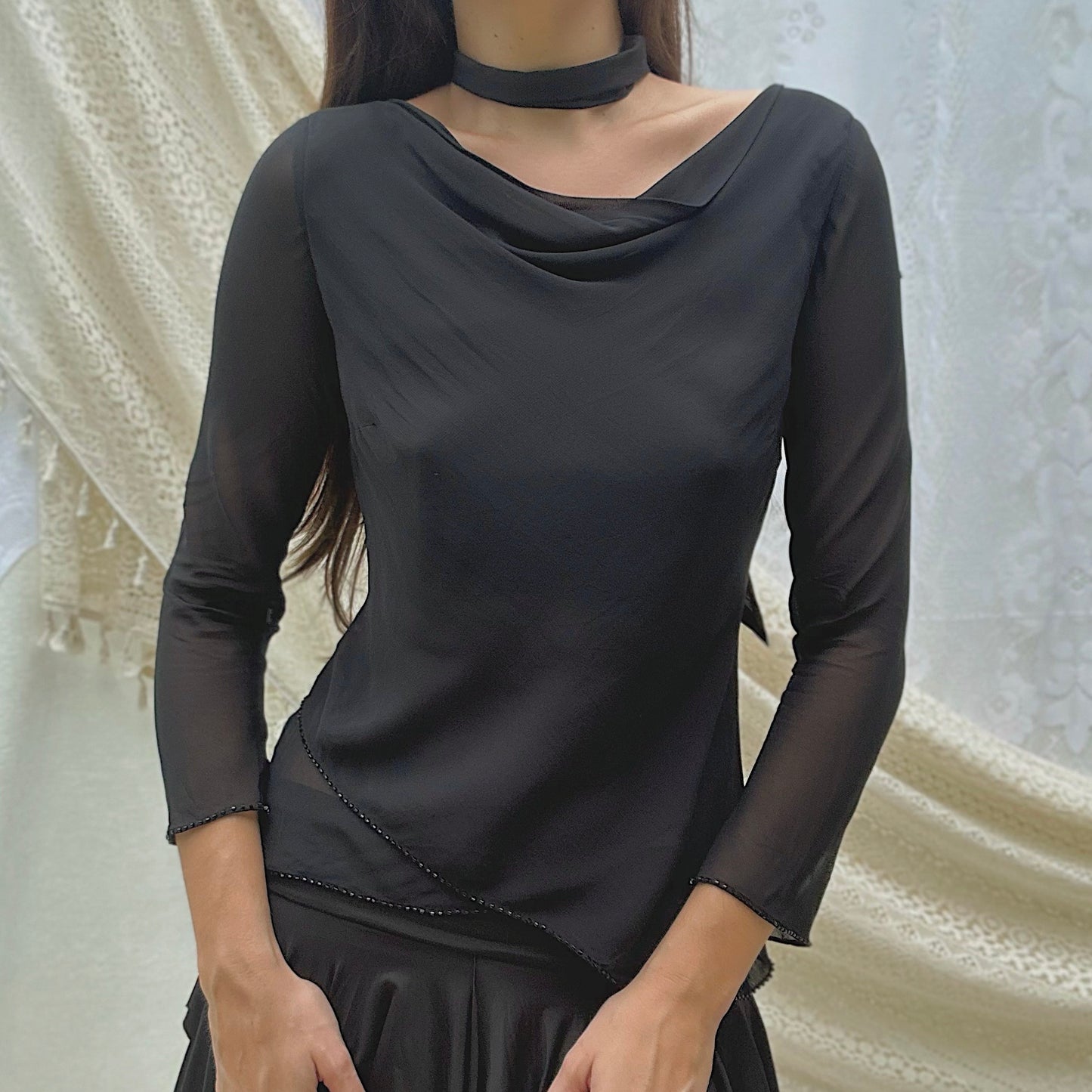 90's Black Silky Beaded Top / SZ S