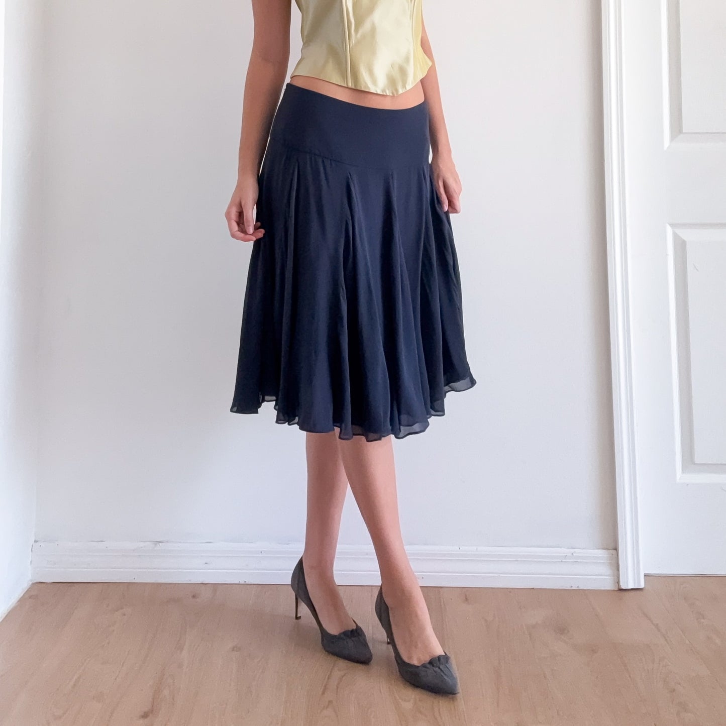 Y2K Navy Silk Midi Skirt / SZ M