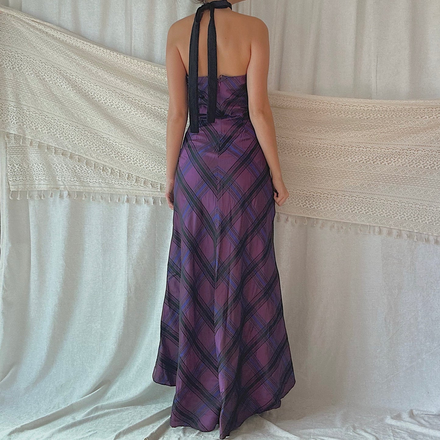 90's Purple Taffeta Plaid Gown / SZ 4/6