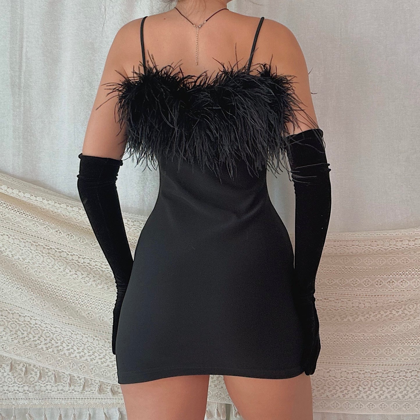 80's Black Ostrich Fur Mini Dress / SZ M
