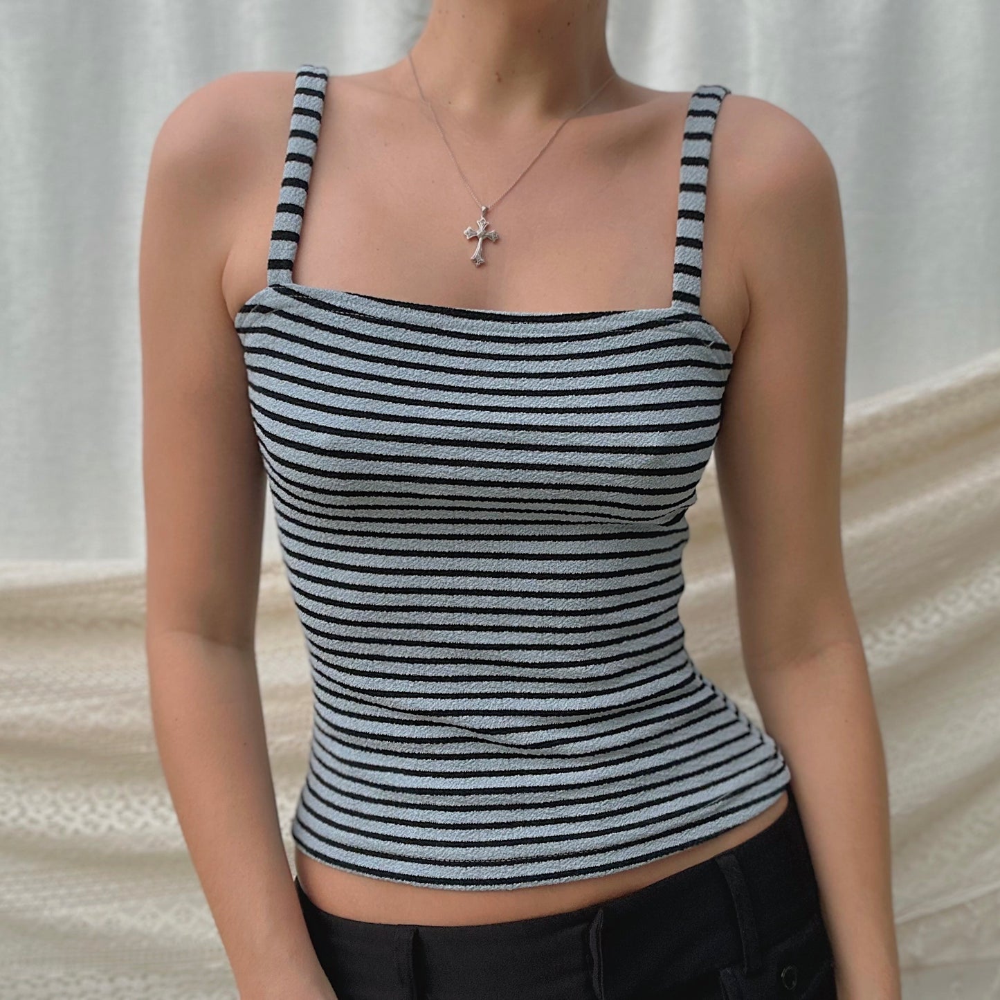 90's Stone Blue & Black Striped Tank / SZ S