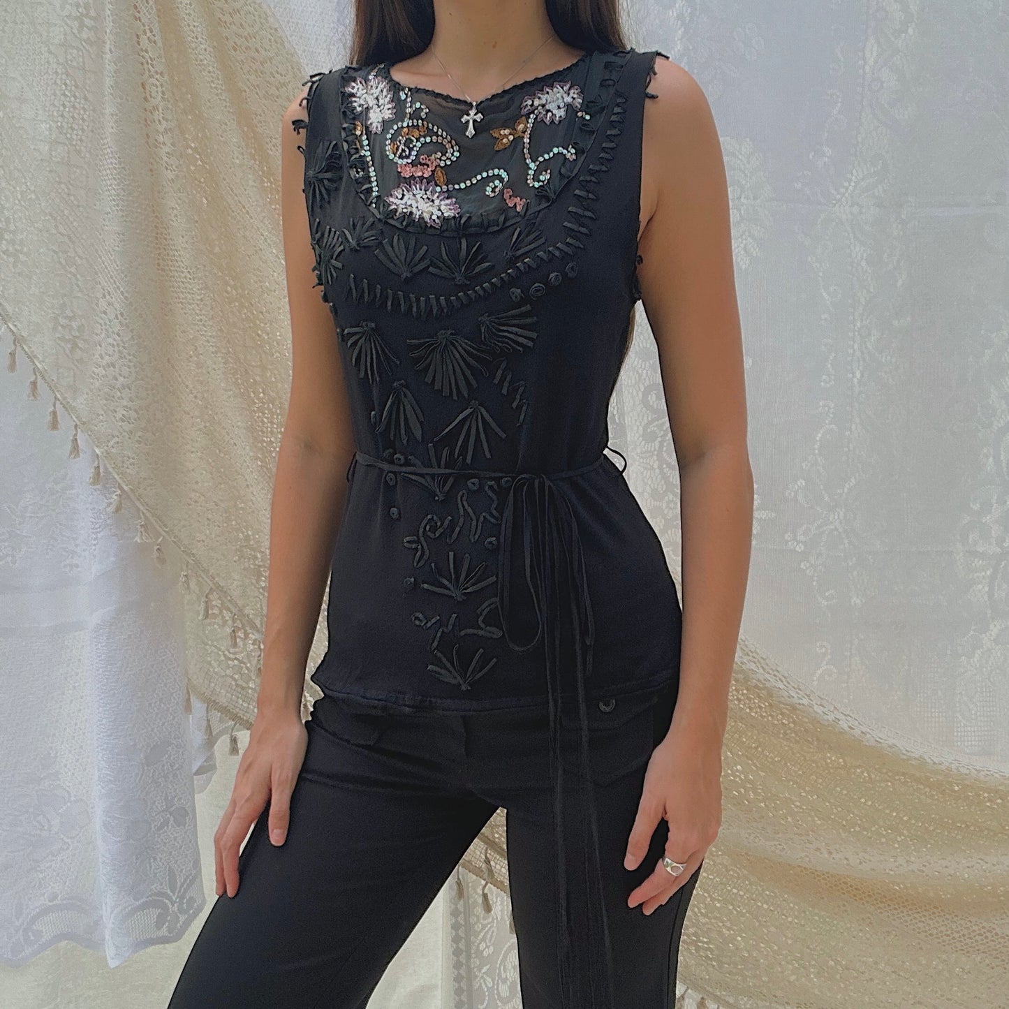 Roberto Cavalli Black Embroidered Top / SZ 48