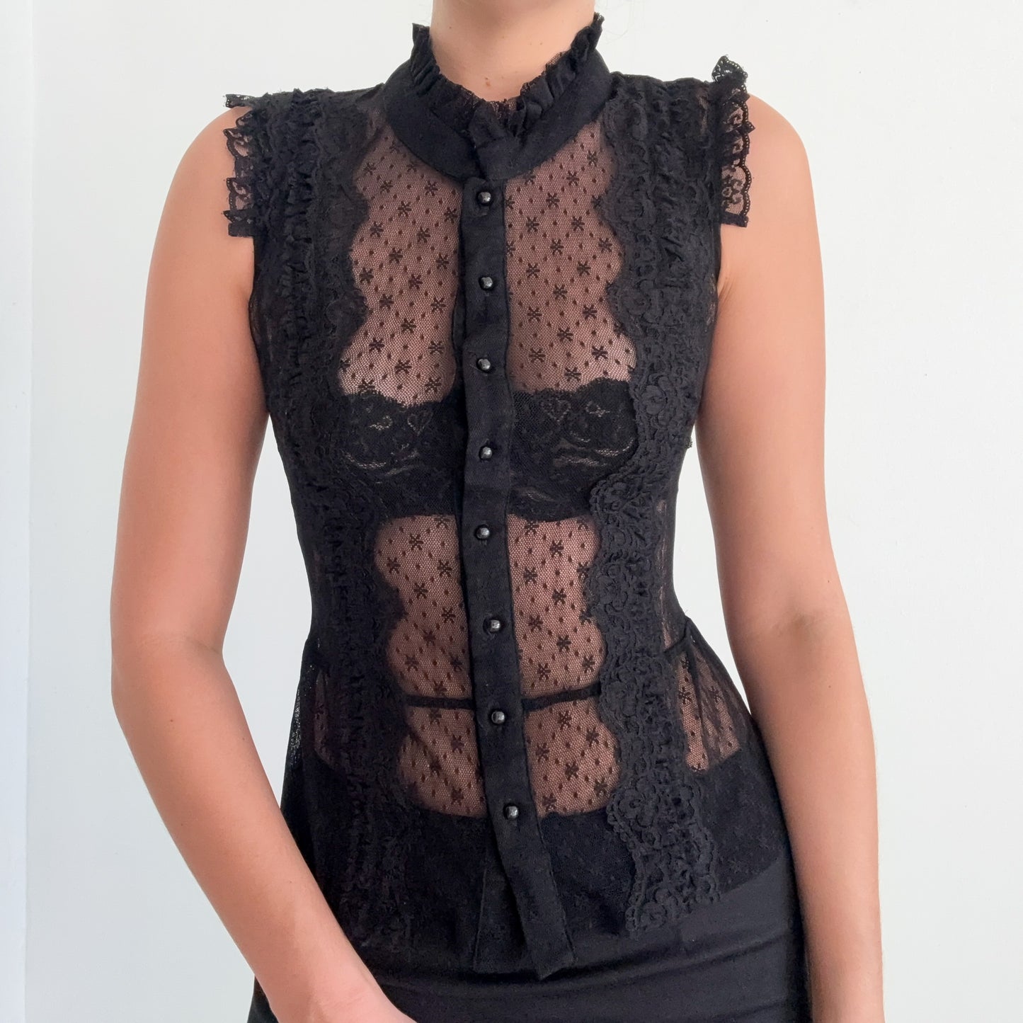 Y2K Black Lace Button Up Blouse / SZ XS/S