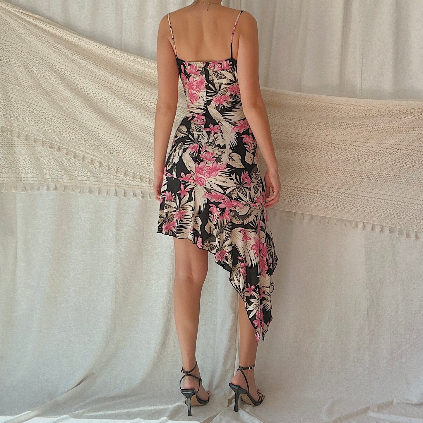 Y2K Cream & Pink Tropical Asymmetric Dress / SZ M