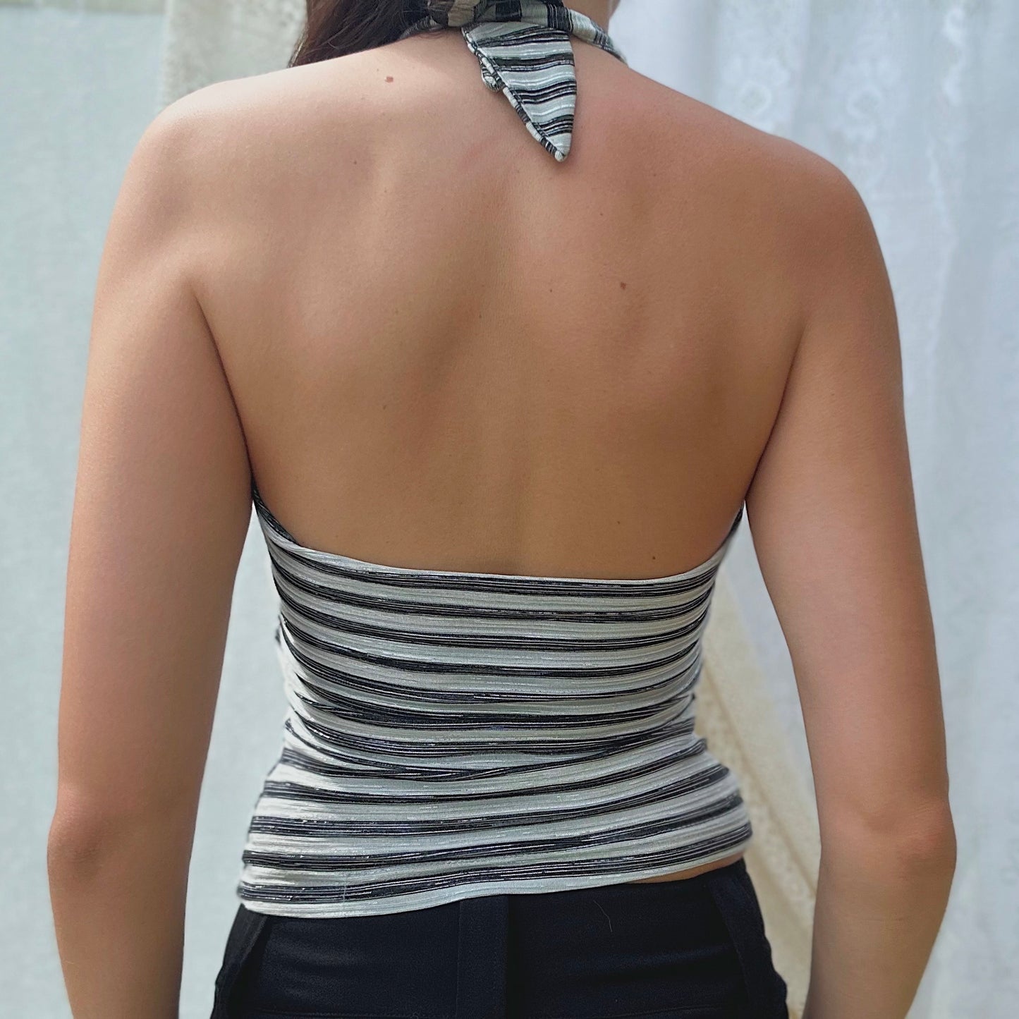 90's Silver Metallic Striped Halter Top / SZ S