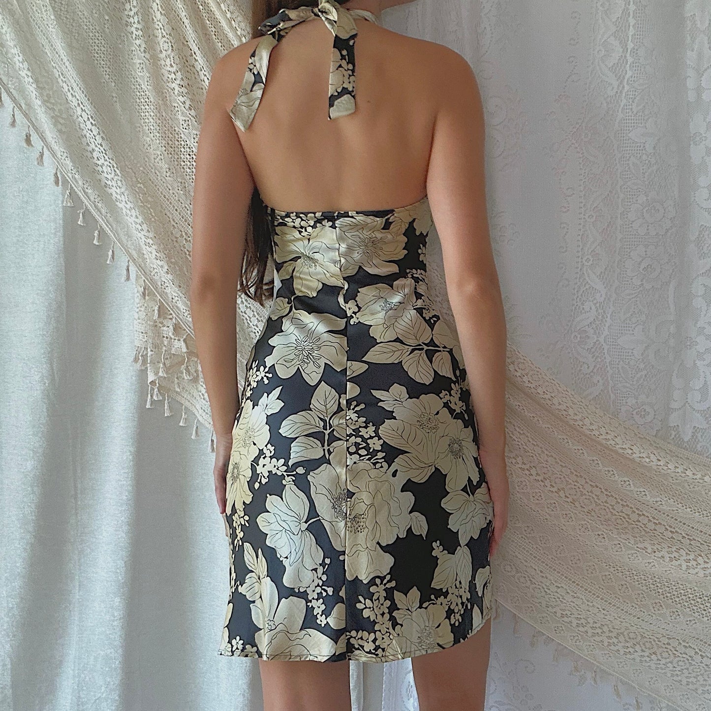 Y2K Black & Champagne Silk Floral Dress / SZ 0/2