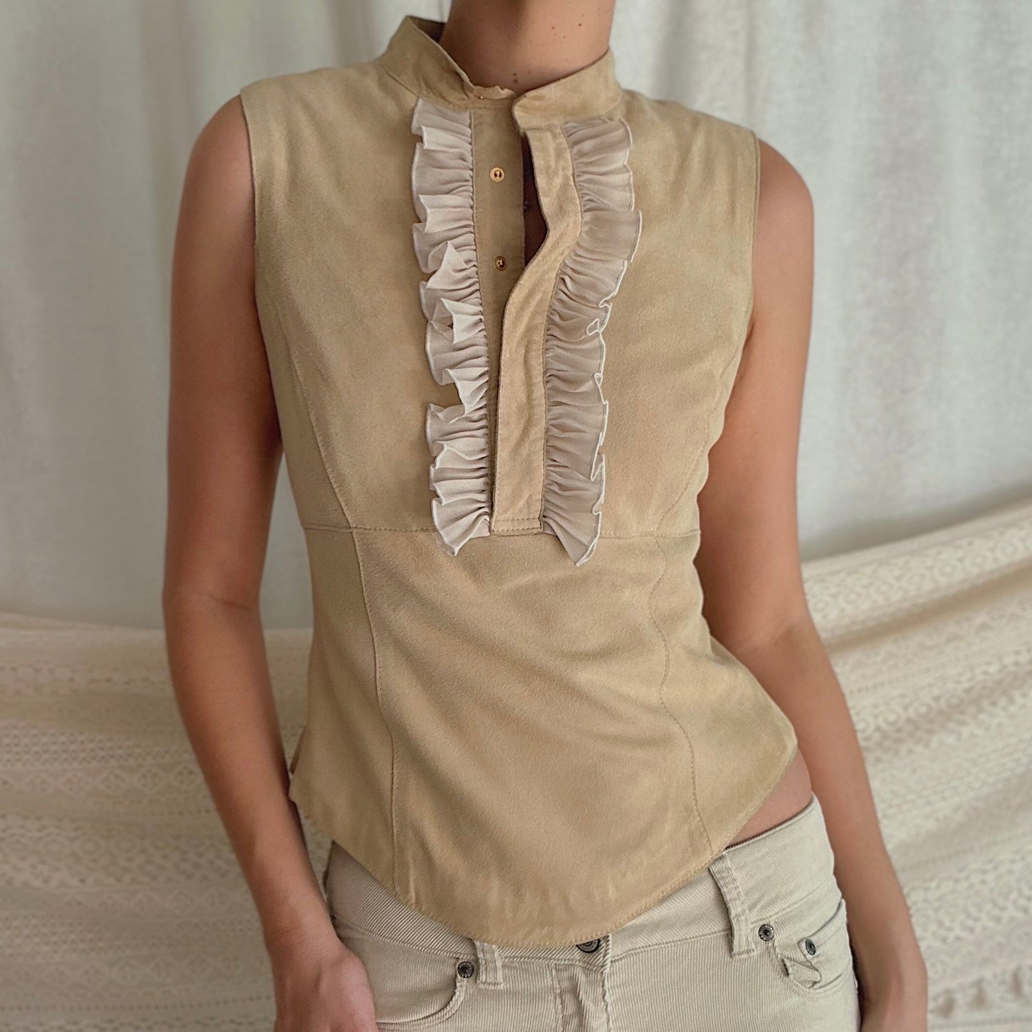 90's Beige Suede Ruffle Blouse / SZ S/M