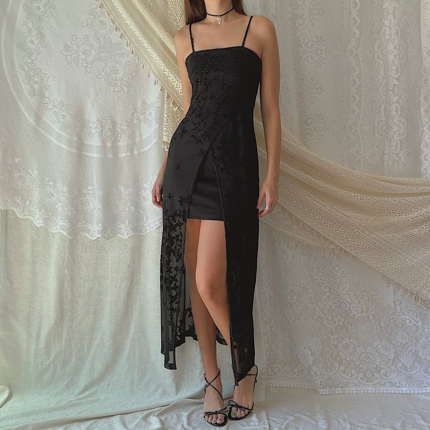 Y2K Black Floral Sparkle Open Dress / SZ M