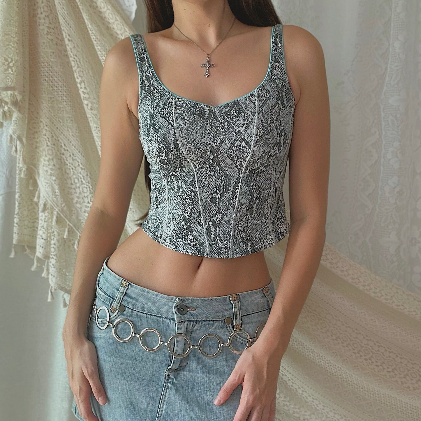 Y2K Snakeskin & Cyan Crop Tank / SZ S