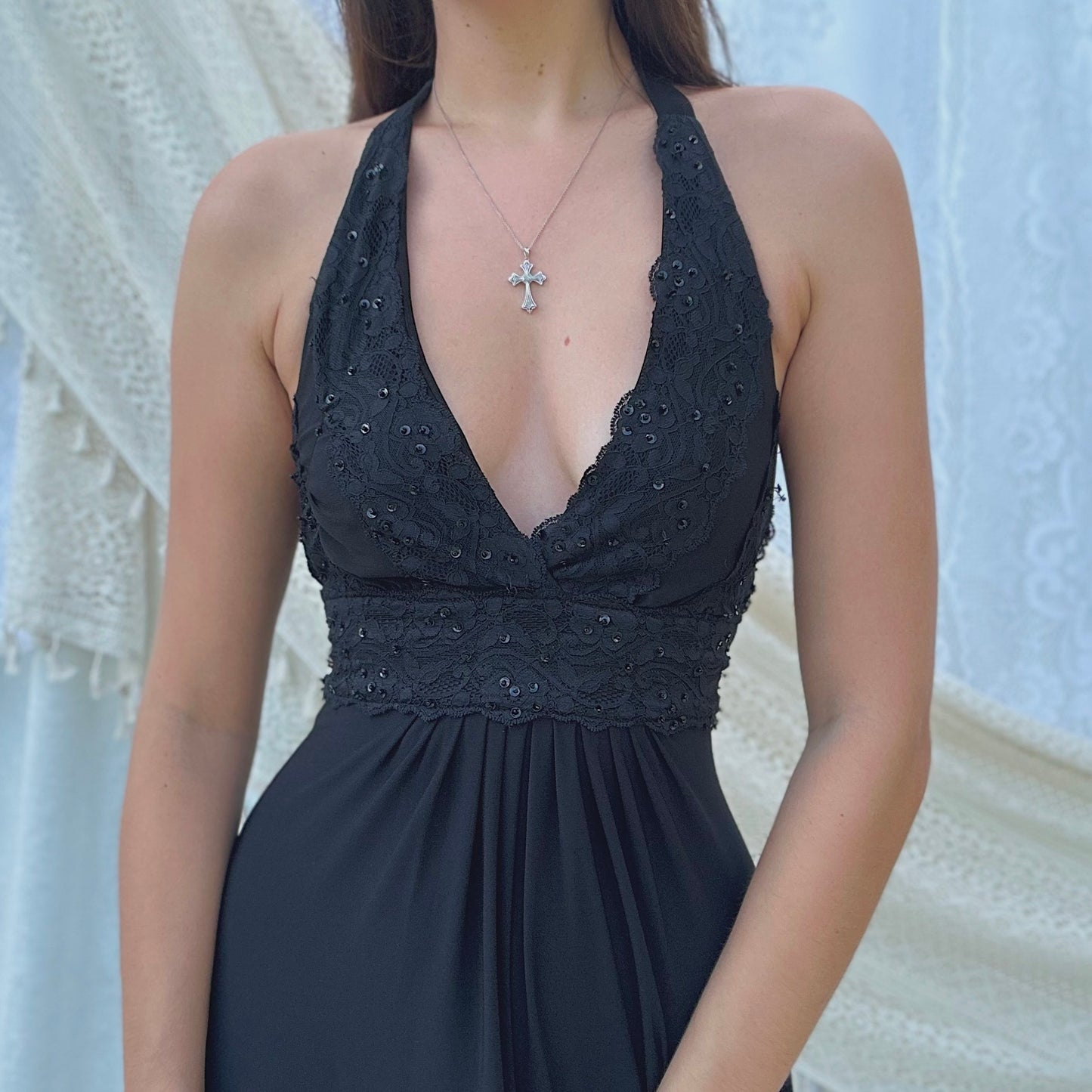 Y2K Black Lace Babydoll Halter Dress / SZ XS/S