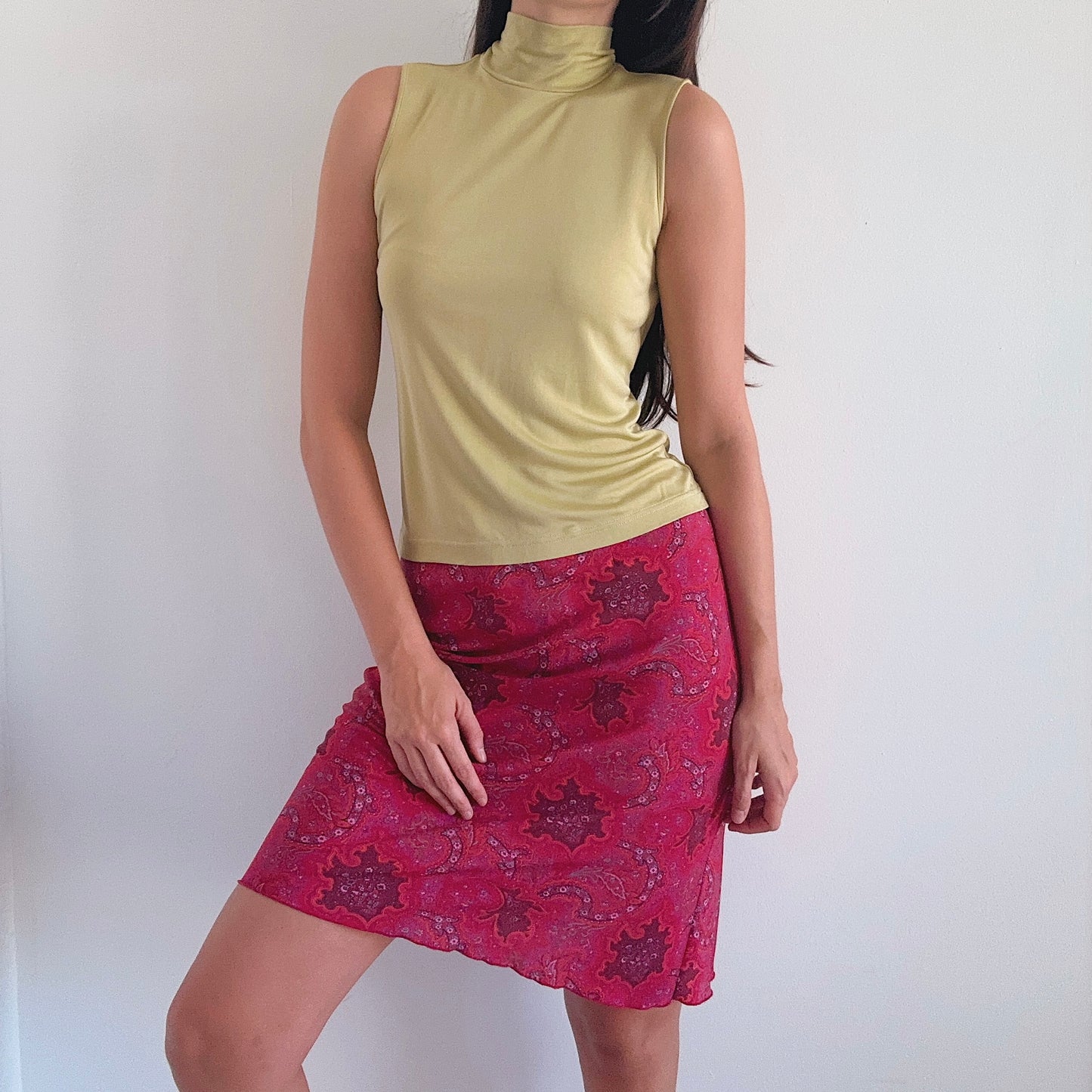 Y2K Chartreuse Silk Mock Neck / SZ M-L