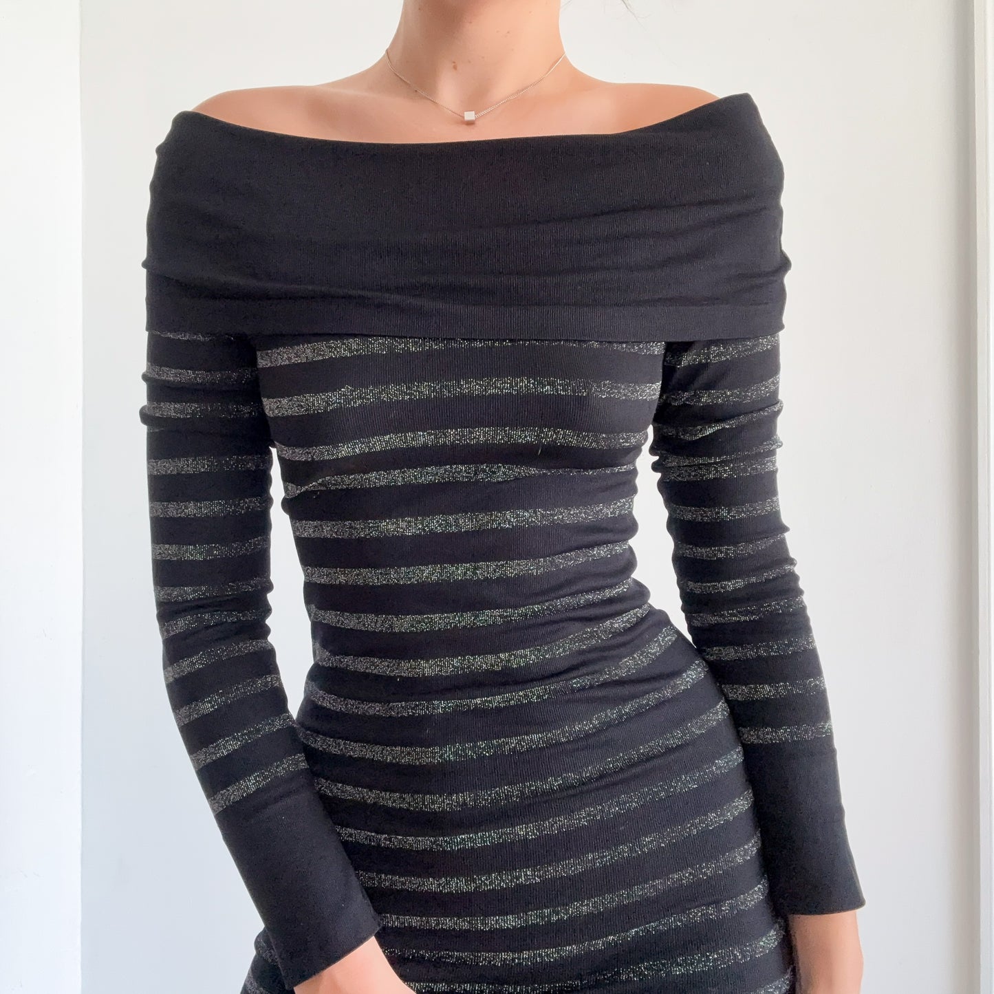 Y2K Black & Silver Striped Long Sleeve Dress / SZ S-L