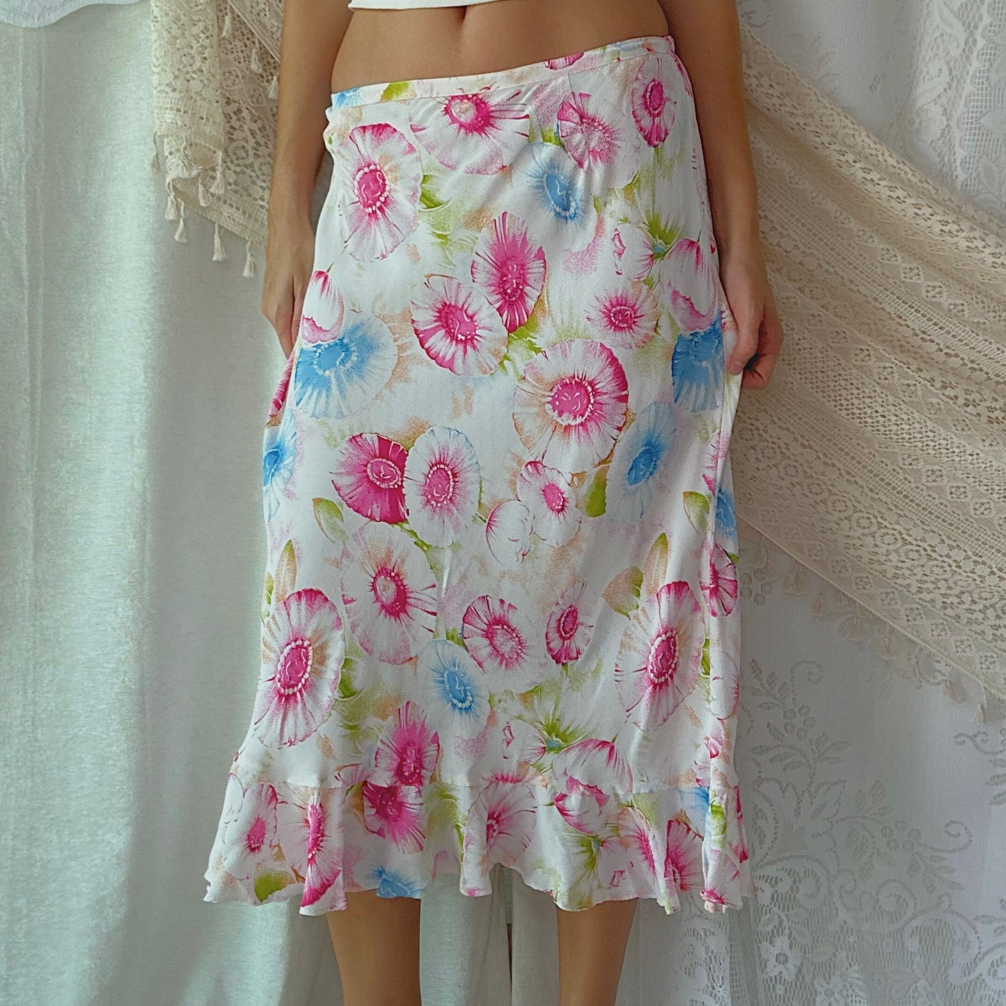 Y2K White & Hot Pink Floral Maxi Skirt / SZ M