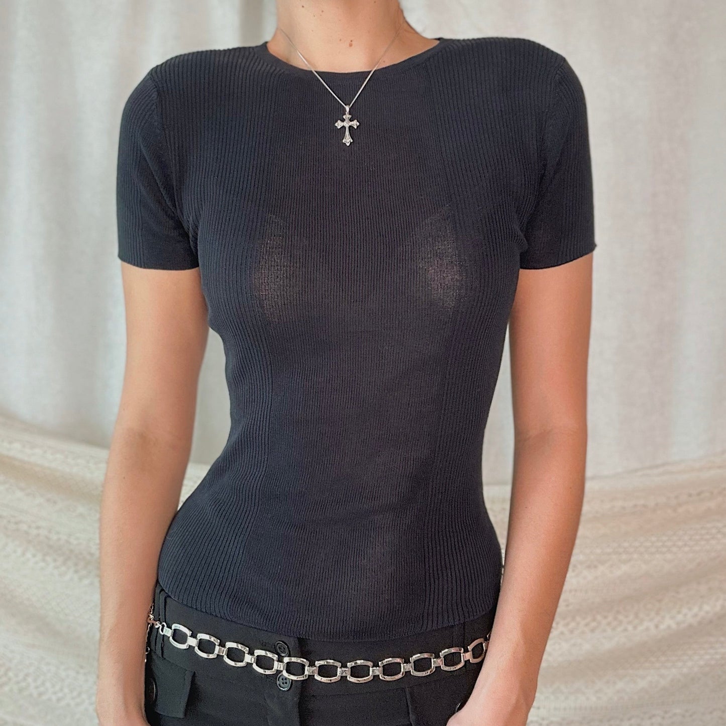 Y2K Black Silk Knit Tee / SZ S-M