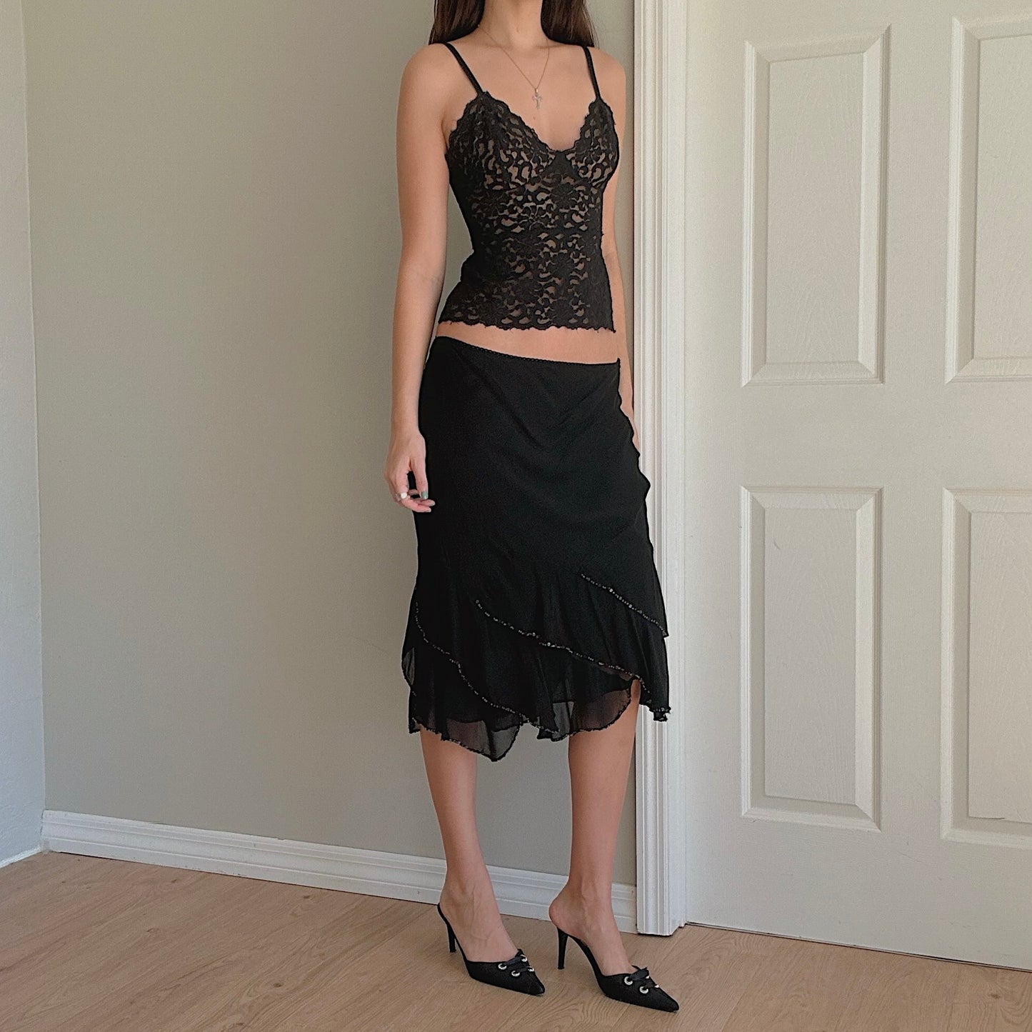 Y2K Black Rayon Sequin Ruffle Midi Skirt / SZ L