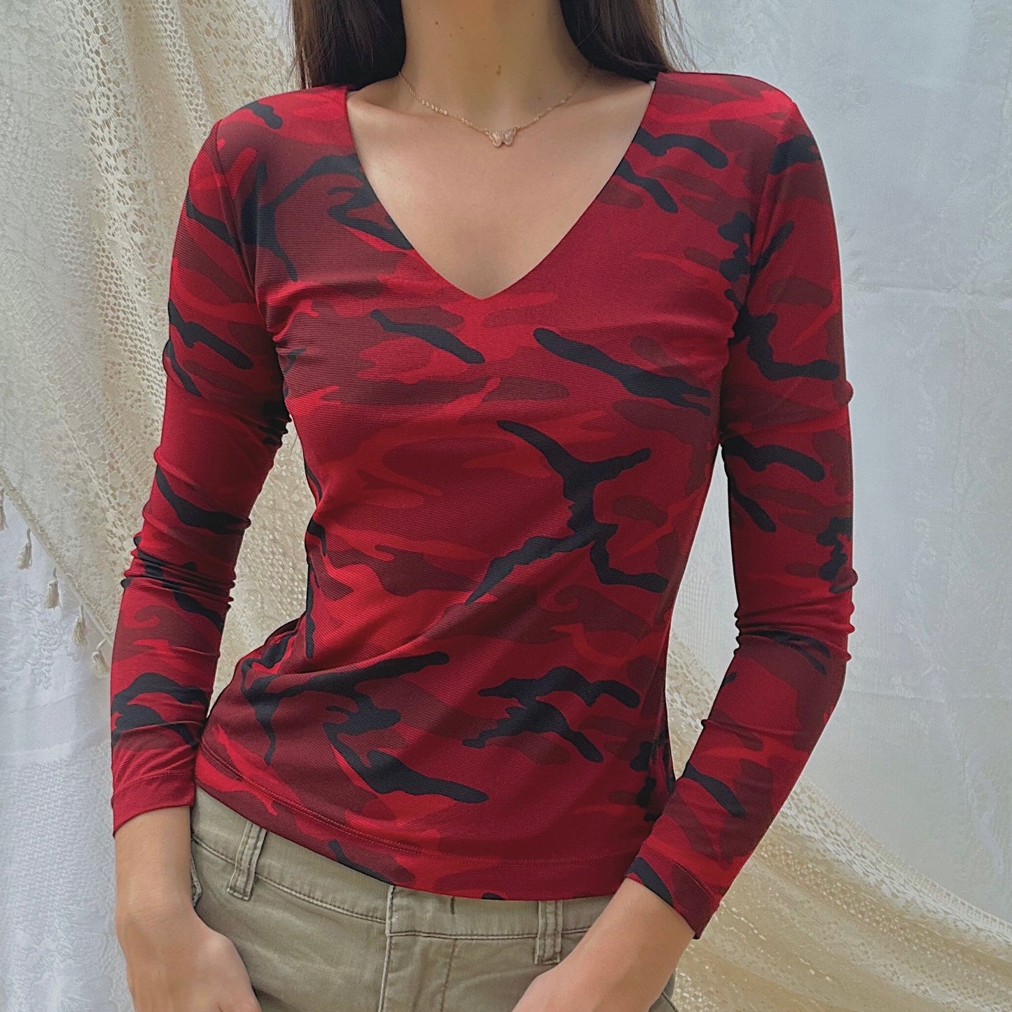 Y2K Red Camo Mesh Top / SZ S-M