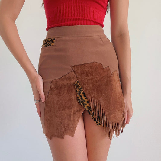 80's Brown Leopard Patchwork Skirt / SZ 0/2