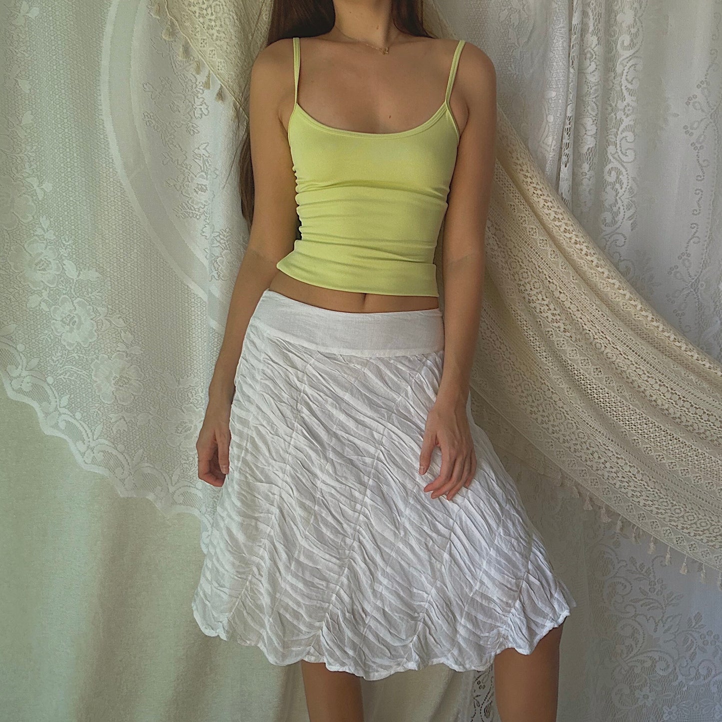 Y2K White Cotton Pleated Midi Skirt / SZ S