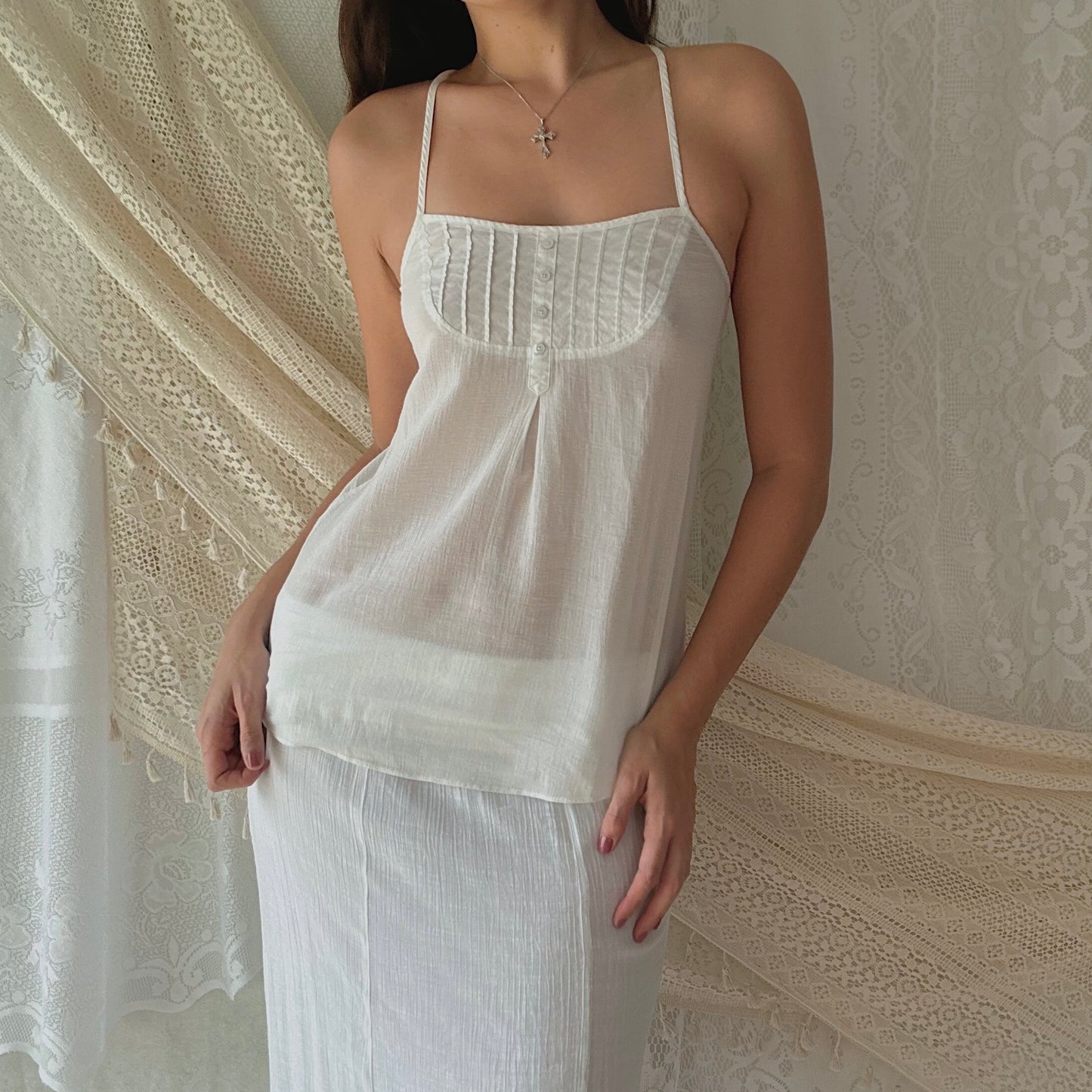 Y2K White Gauzy Peasant Tank / SZ XS/S