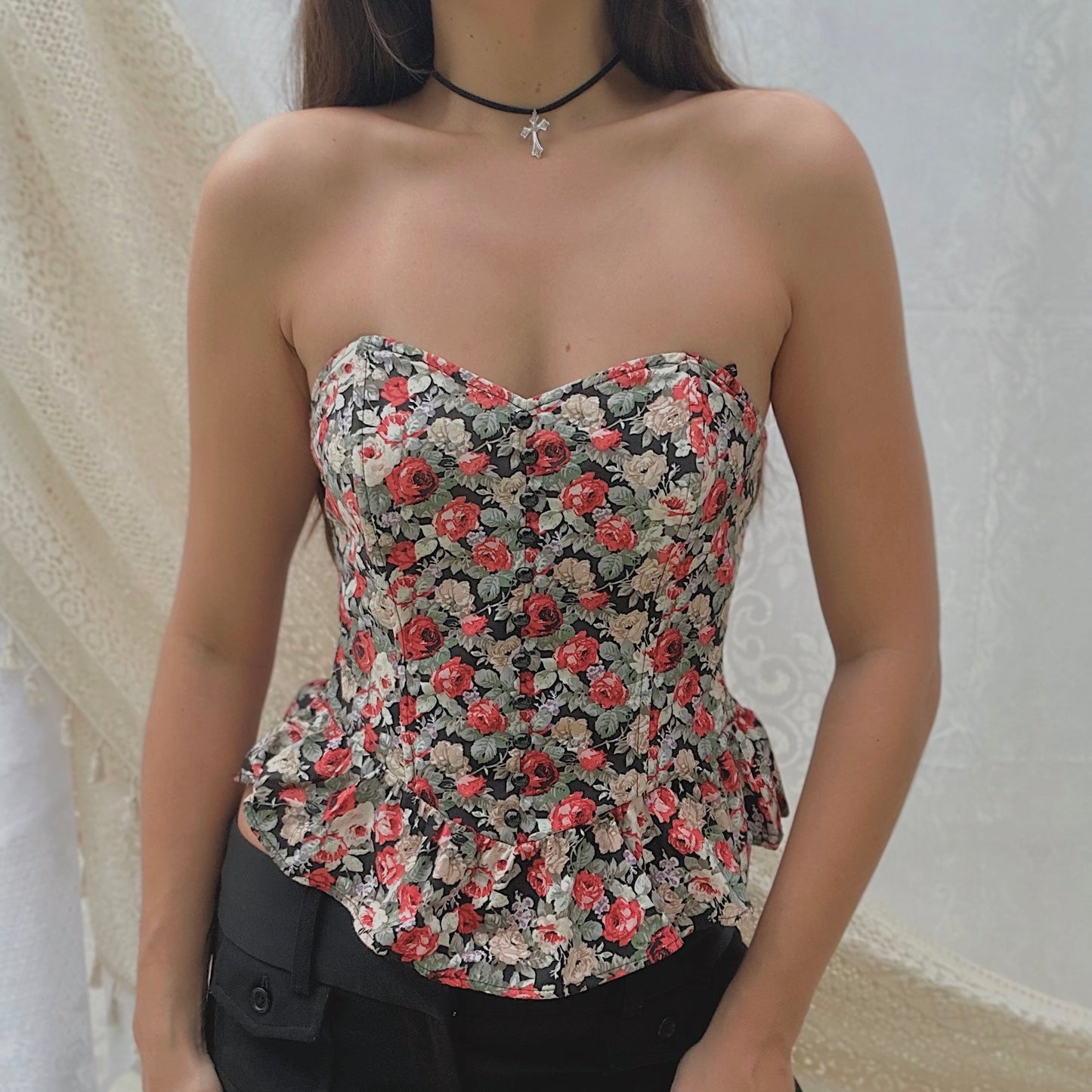 Y2K Black & Red Floral Peplum Bustier / SZ S