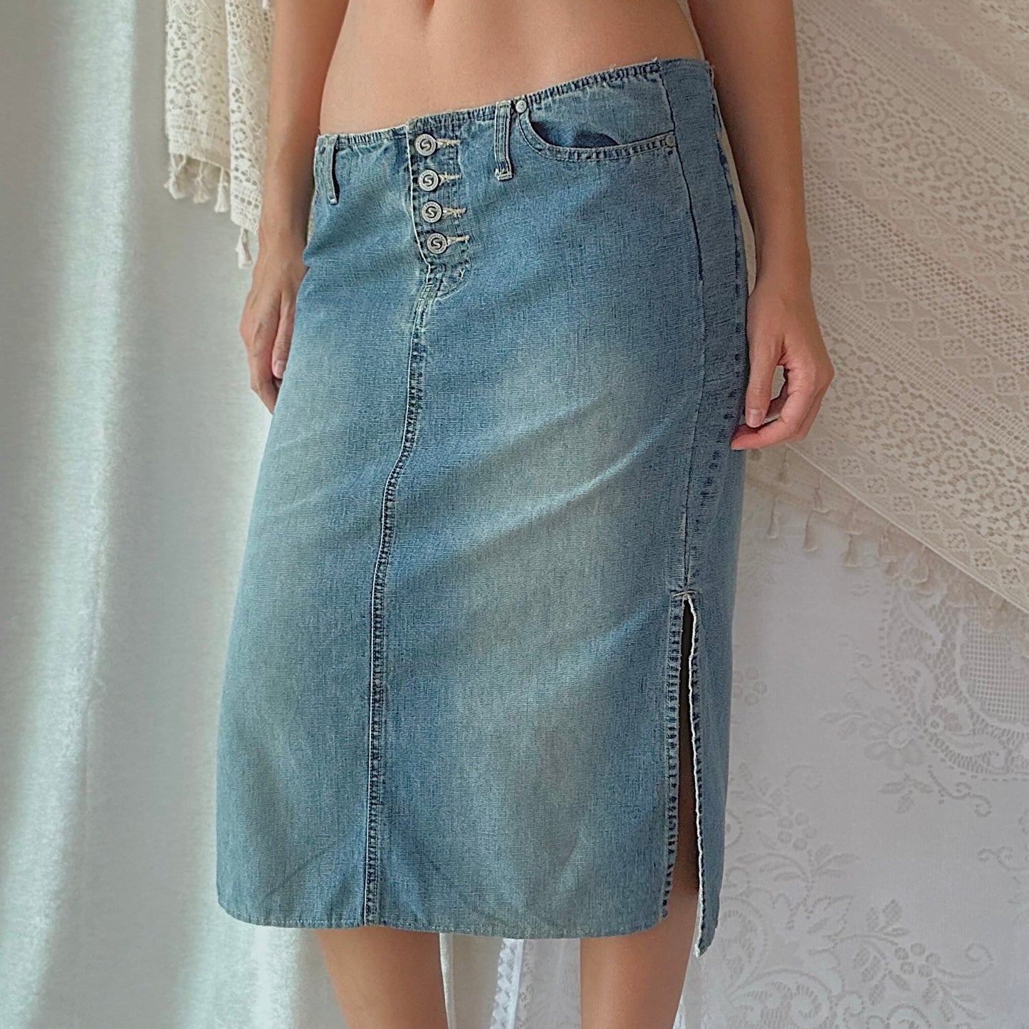 Y2K Denim Slit Midi Skirt / SZ L