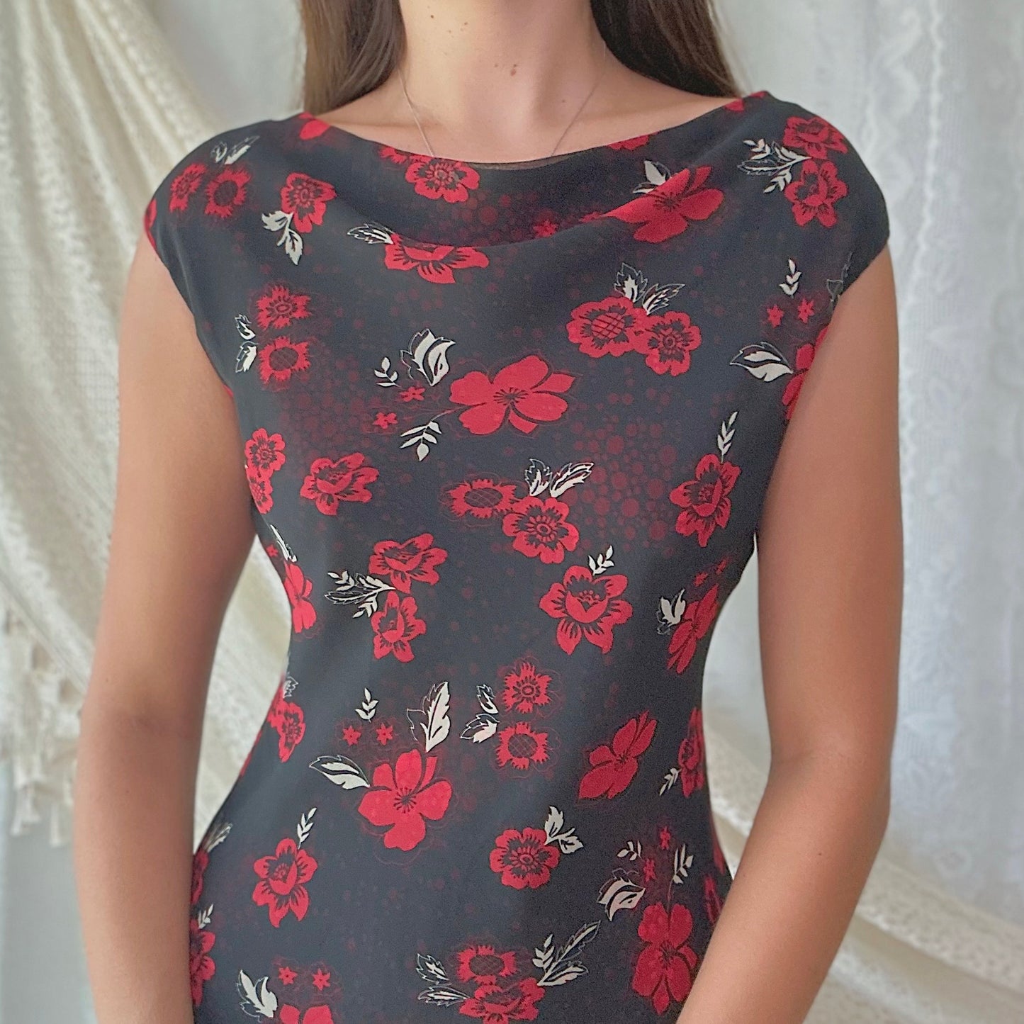 Y2K Black & Red Floral Chiffon Dress / SZ M