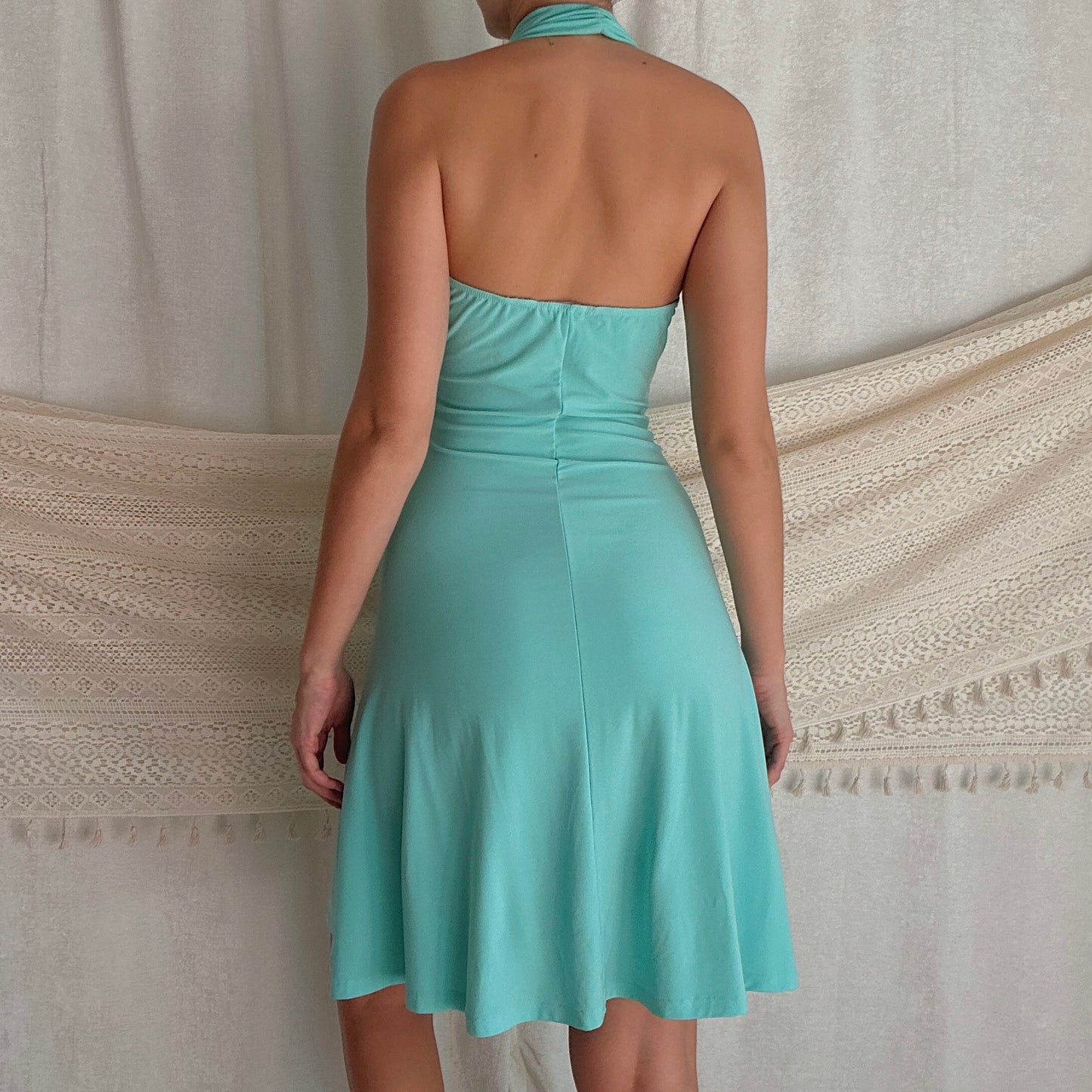 Y2K Aqua Halter Bedazzled Midi Dress / SZ S/M