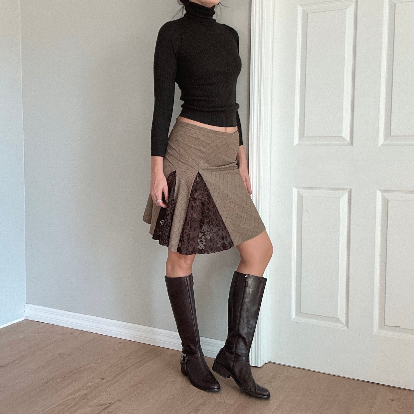 Y2K Bebe Brown Plaid Lace Midi Skirt / SZ XS