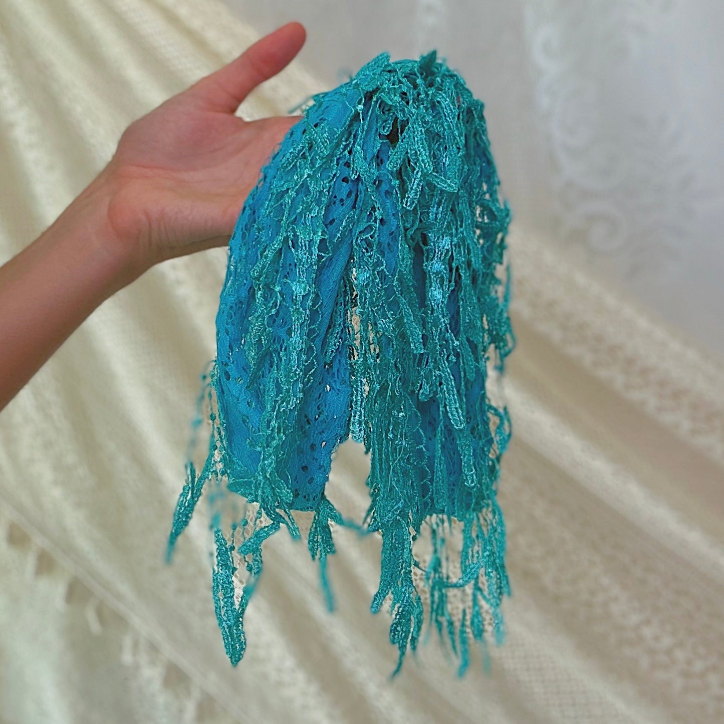 Y2K Cyan Lace Fringe Scarf