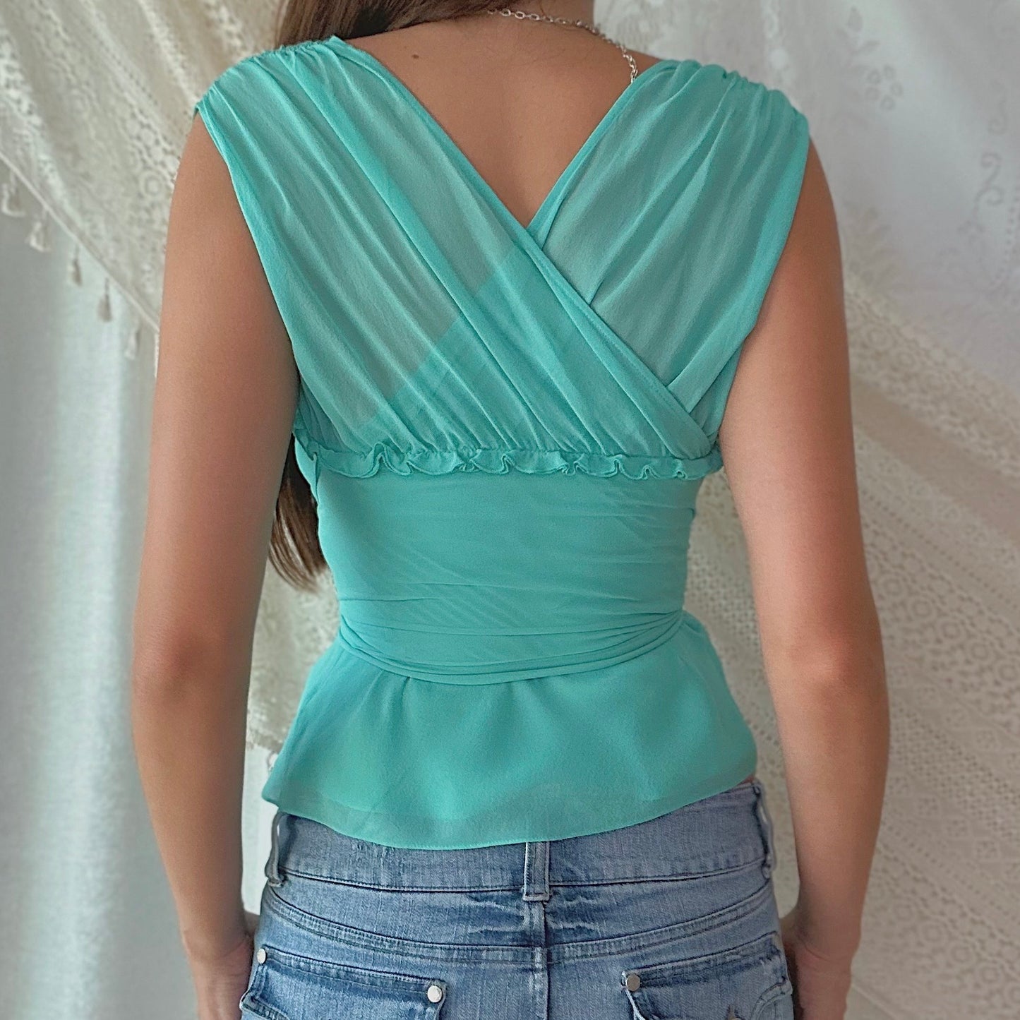 Y2K Tiffany Blue Silk Top / SZ S
