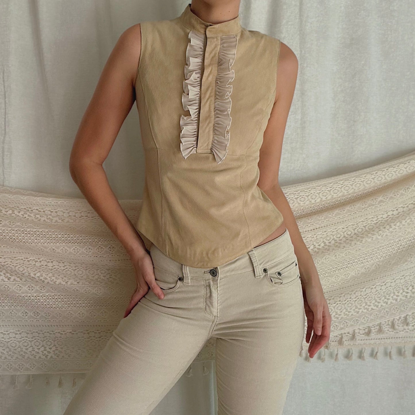 90's Beige Suede Ruffle Blouse / SZ S/M