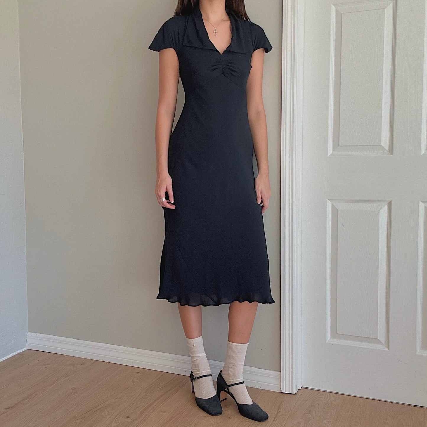 Y2K Navy Silk Collared Midi Dress / SZ 2