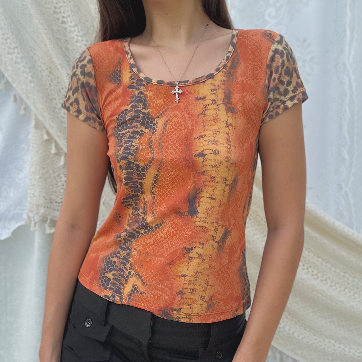 Y2K Orange Snakeskin Mesh Tee / SZ M