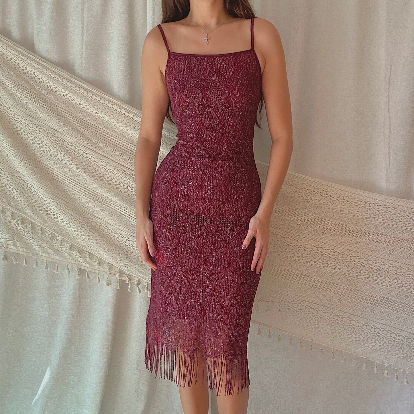 90's Maroon Crochet Fringe Midi Dress / SZ S