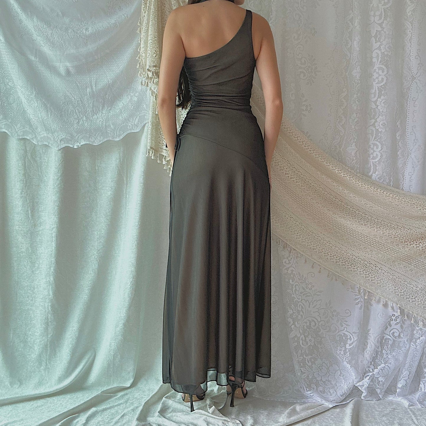 Y2K Black Beaded Mesh One Shoulder Gown / SZ M