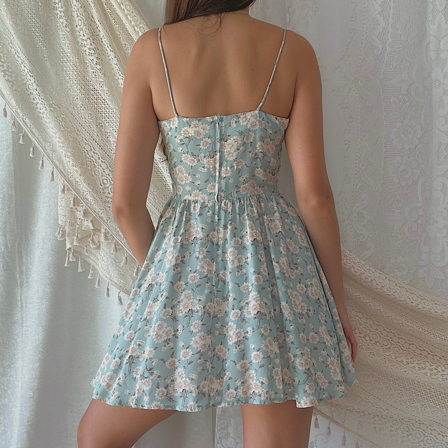 90's Turquoise Floral Mini Dress / SZ 2/4