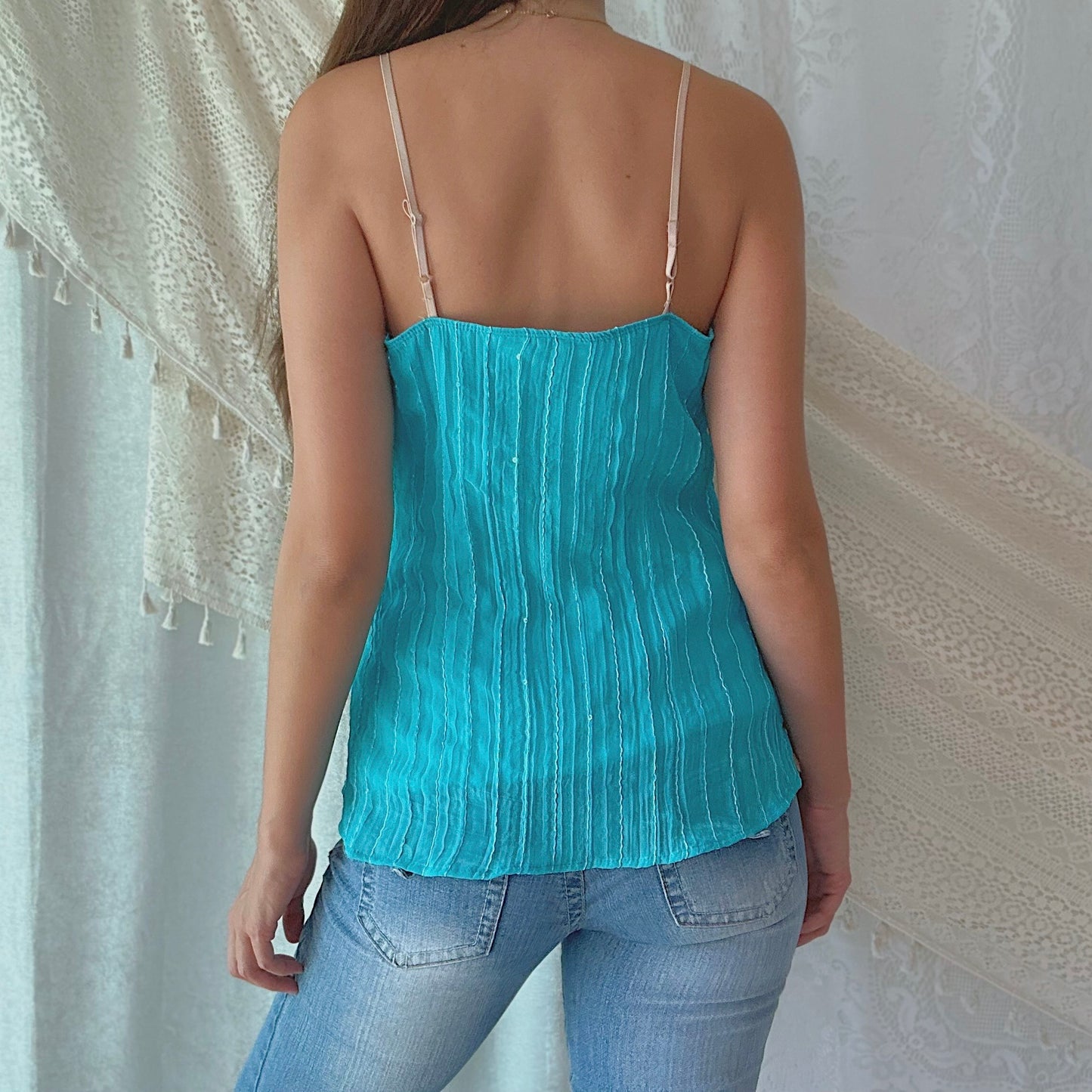 Y2K Teal & Nude Pleated Tank / SZ L