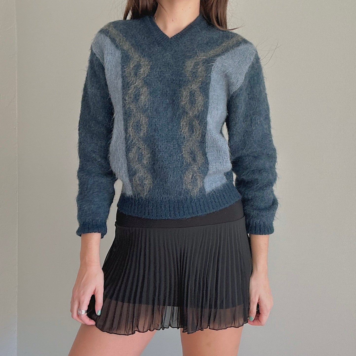 70's Navy Fuzzy Knit Sweater / SZ S/M