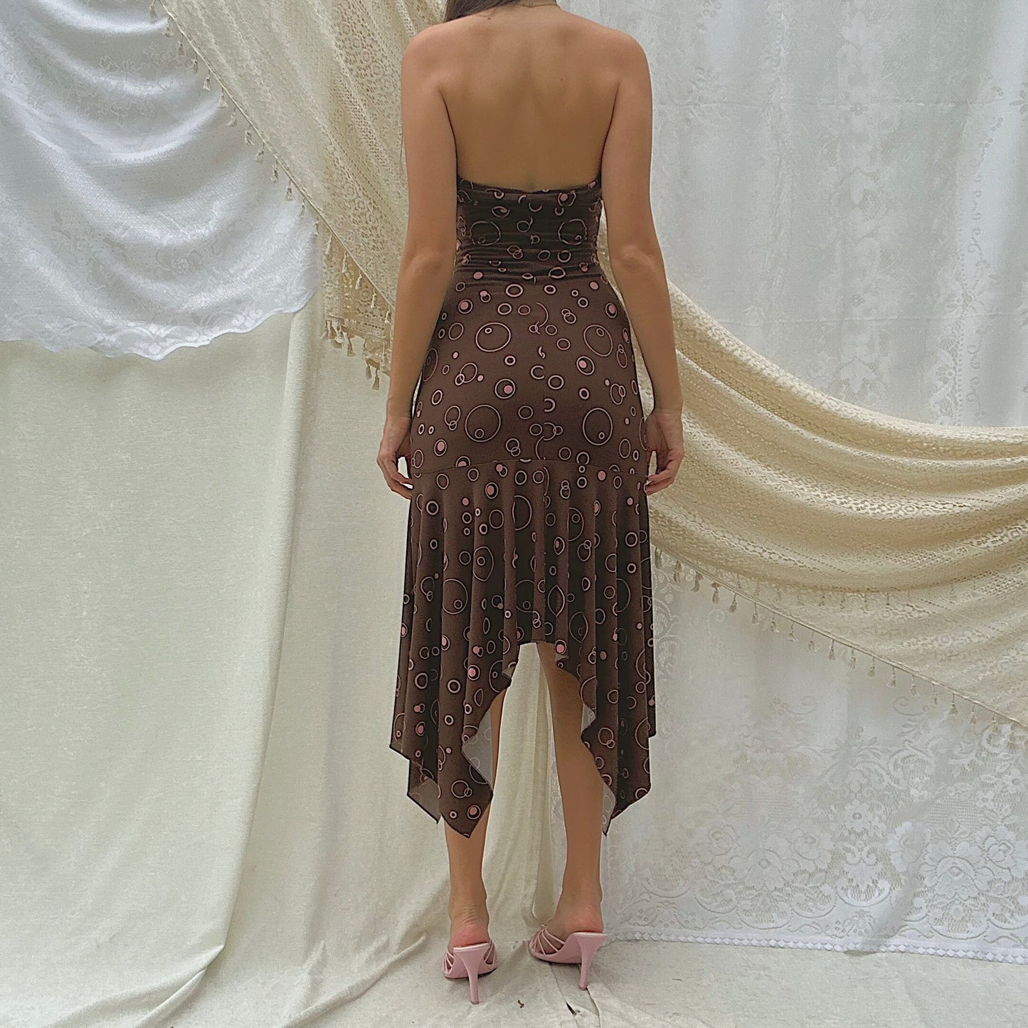Y2K Brown & Pink Dots Asymmetric Dress / SZ S/M