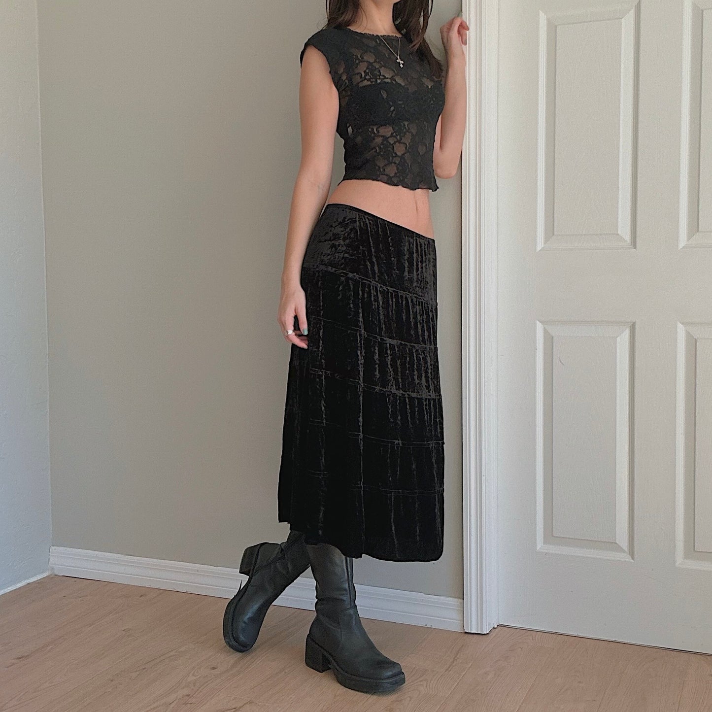 Y2K Black Velvet Tiered Midi Skirt / SZ M
