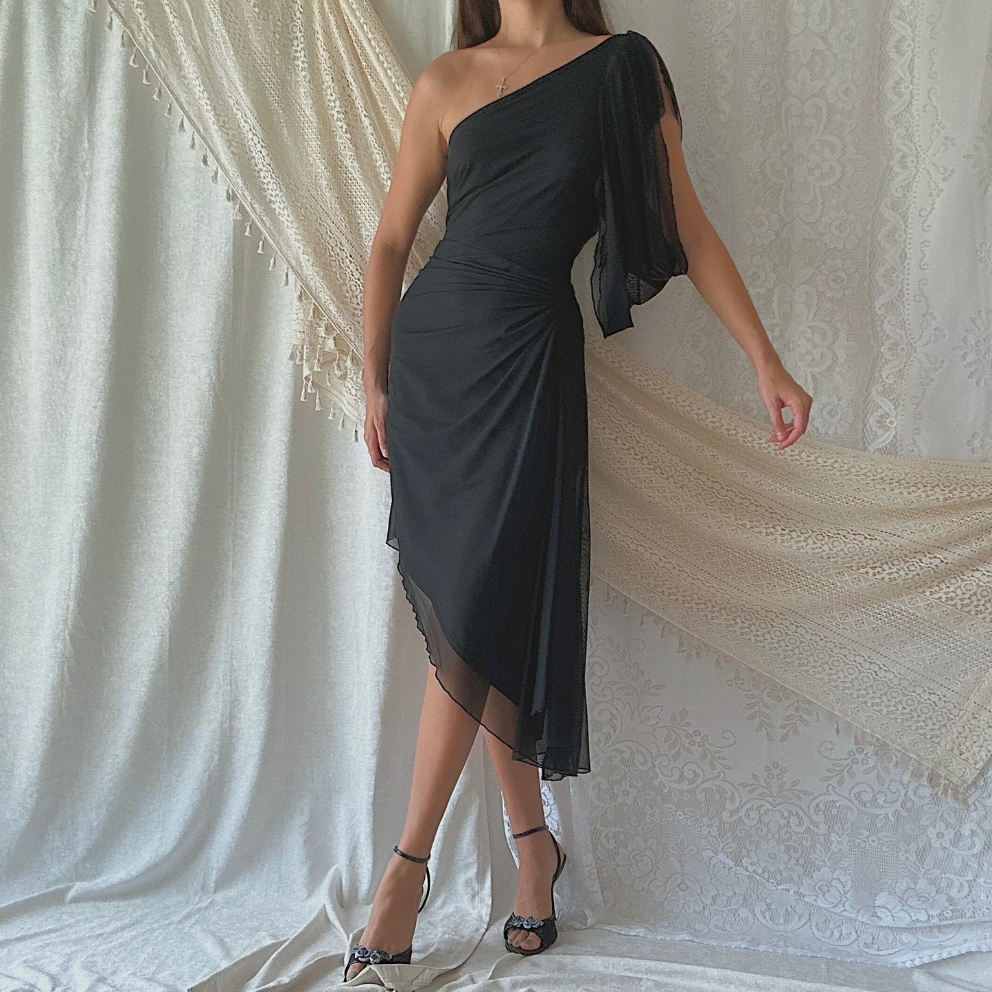 90's Black Mesh One Shoulder Dress / SZ M
